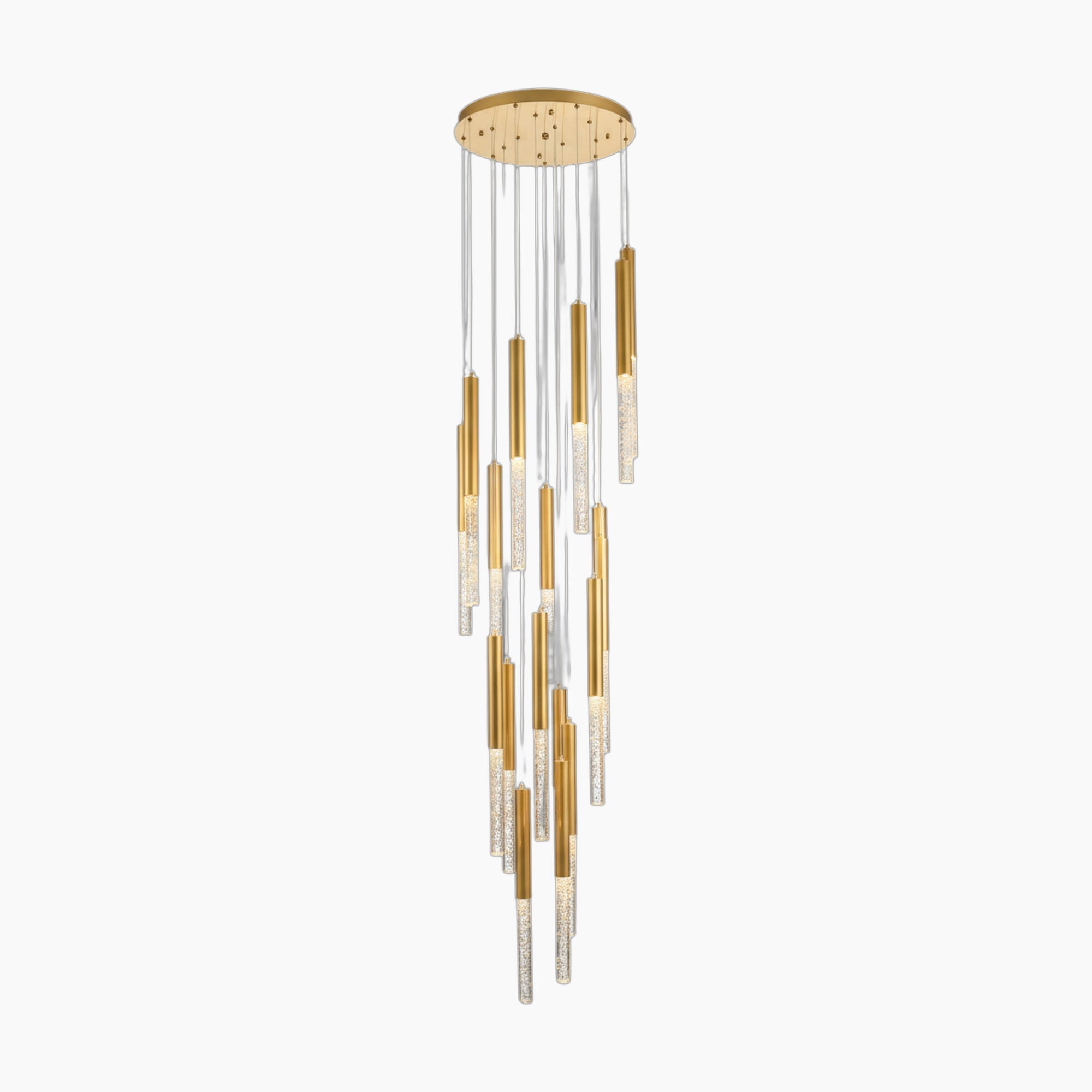 Gold Nordic crystal chandelier with cylindrical LED lights and crystal accents, elegantly suspended in tiers.