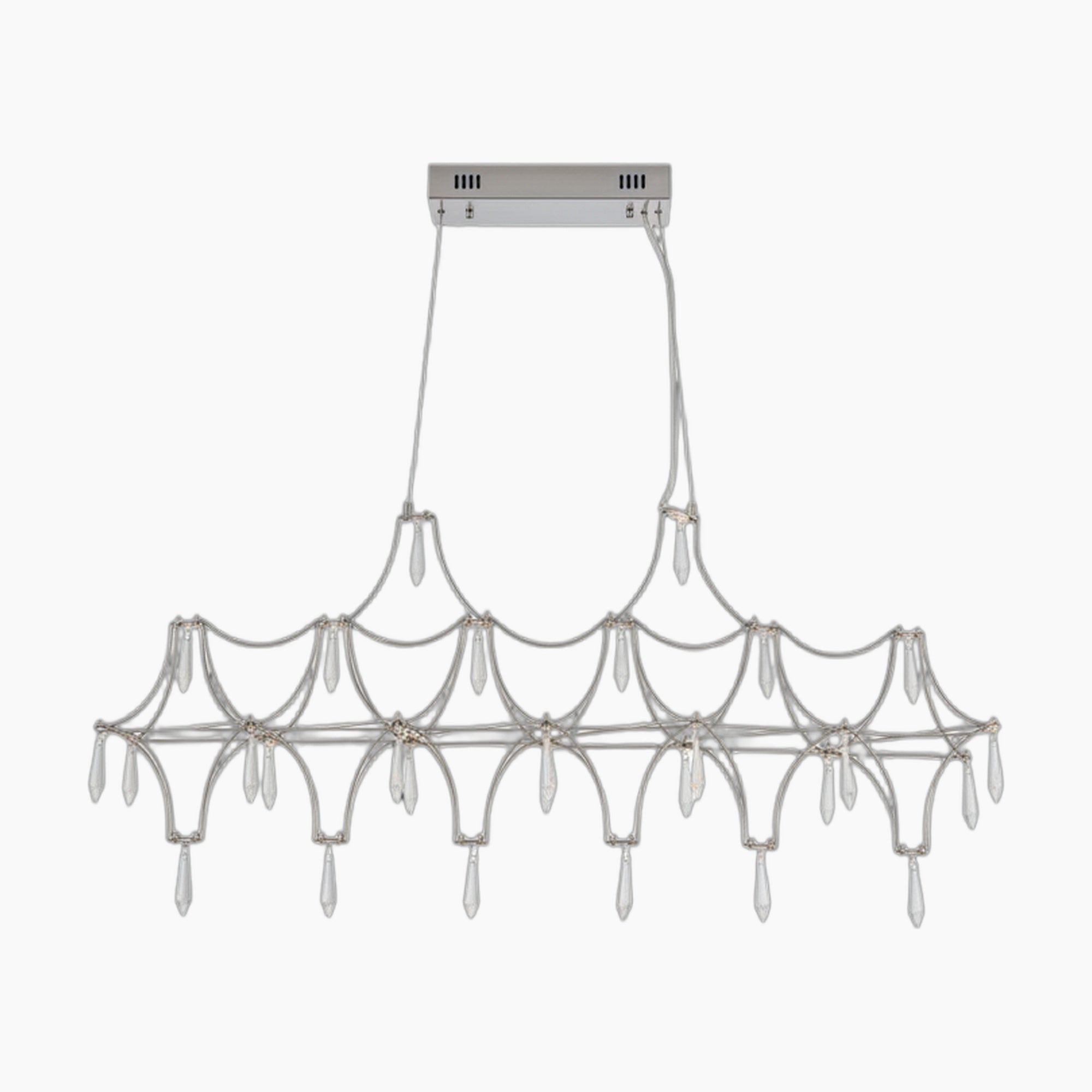 Geometric metal frame chandelier with cascading glass teardrops, twin cables, rectangular mount, LED-lit.