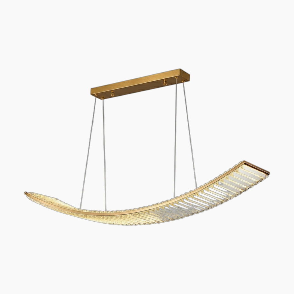 Modern gold crystal chandelier with curved ribbed glass shade, two wire suspension, elegant design.