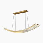Modern gold crystal chandelier with curved ribbed glass shade, two wire suspension, elegant design.