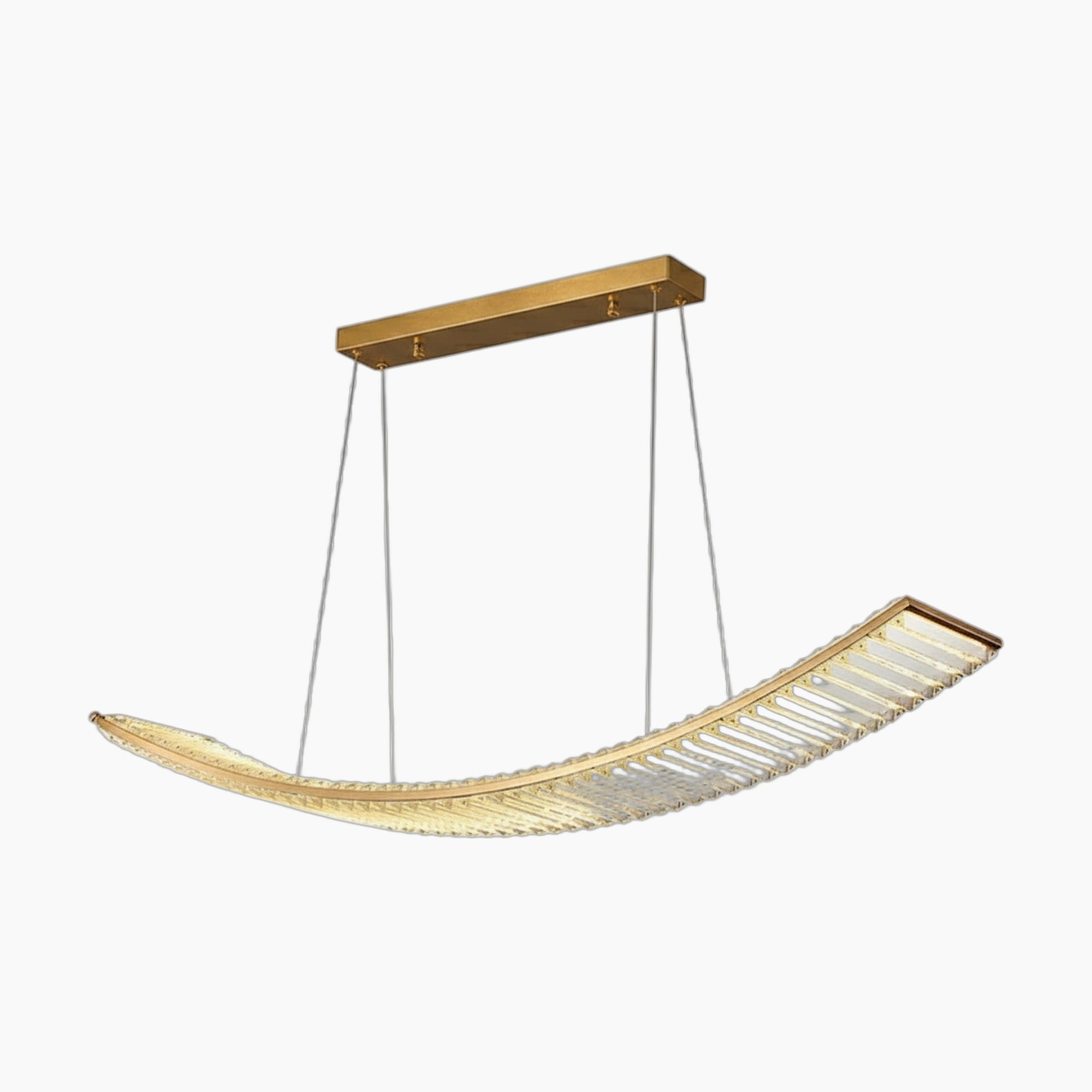 Modern gold crystal chandelier with curved ribbed glass shade, two wire suspension, elegant design.
