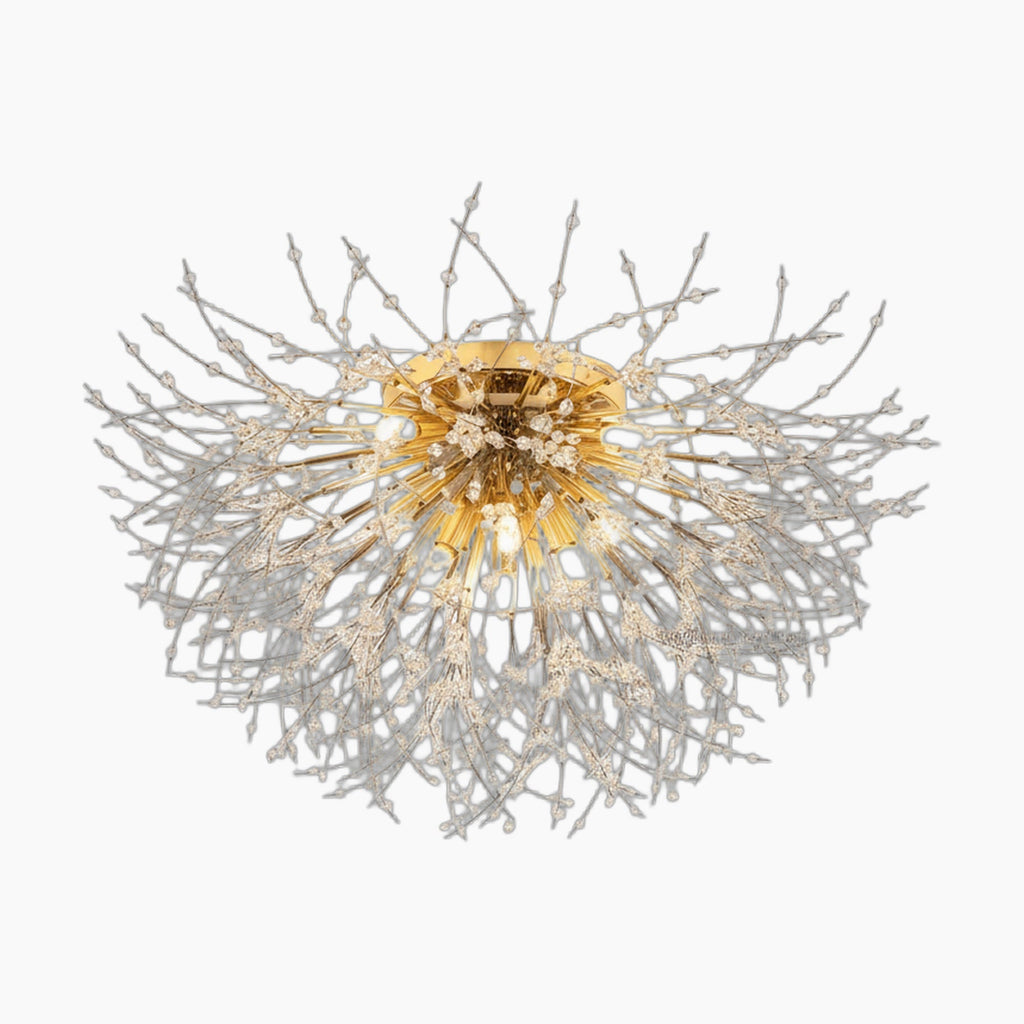 Gold-centered crystal branch chandelier with silver or white rods in a starburst contemporary design.