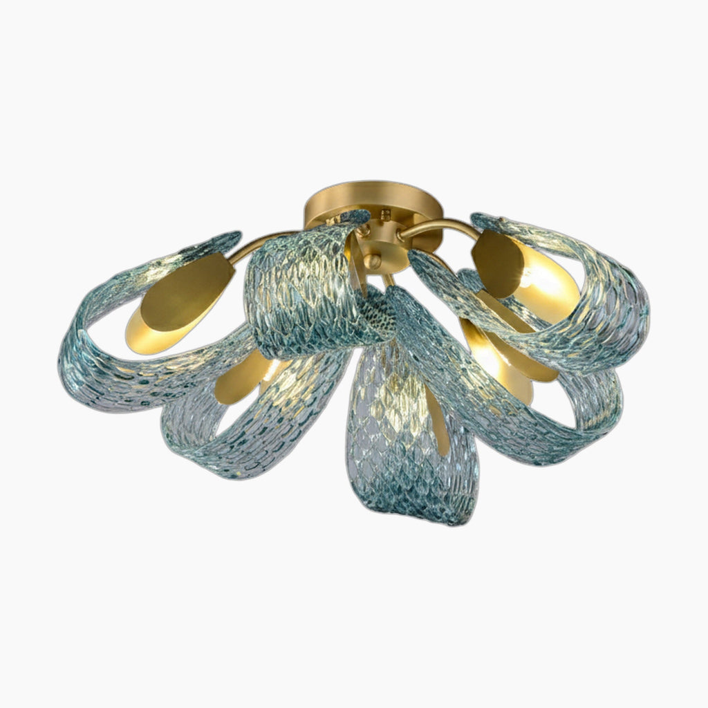 Gold-accented chandelier with curved blue-green glass arms and exposed bulbs, elegant and striking.