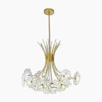 Gold metal rods and flower-shaped glass fixtures form this modern crystal LED chandelier.