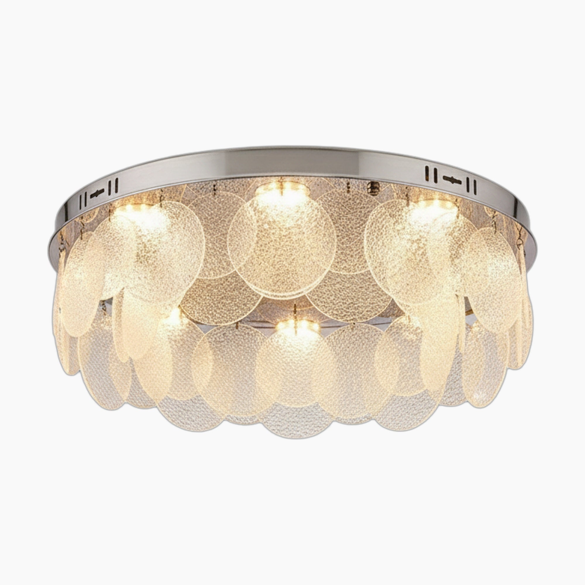Round chrome-base chandelier with cascading frosted glass discs, emitting soft LED glow. Postmodern elegance.