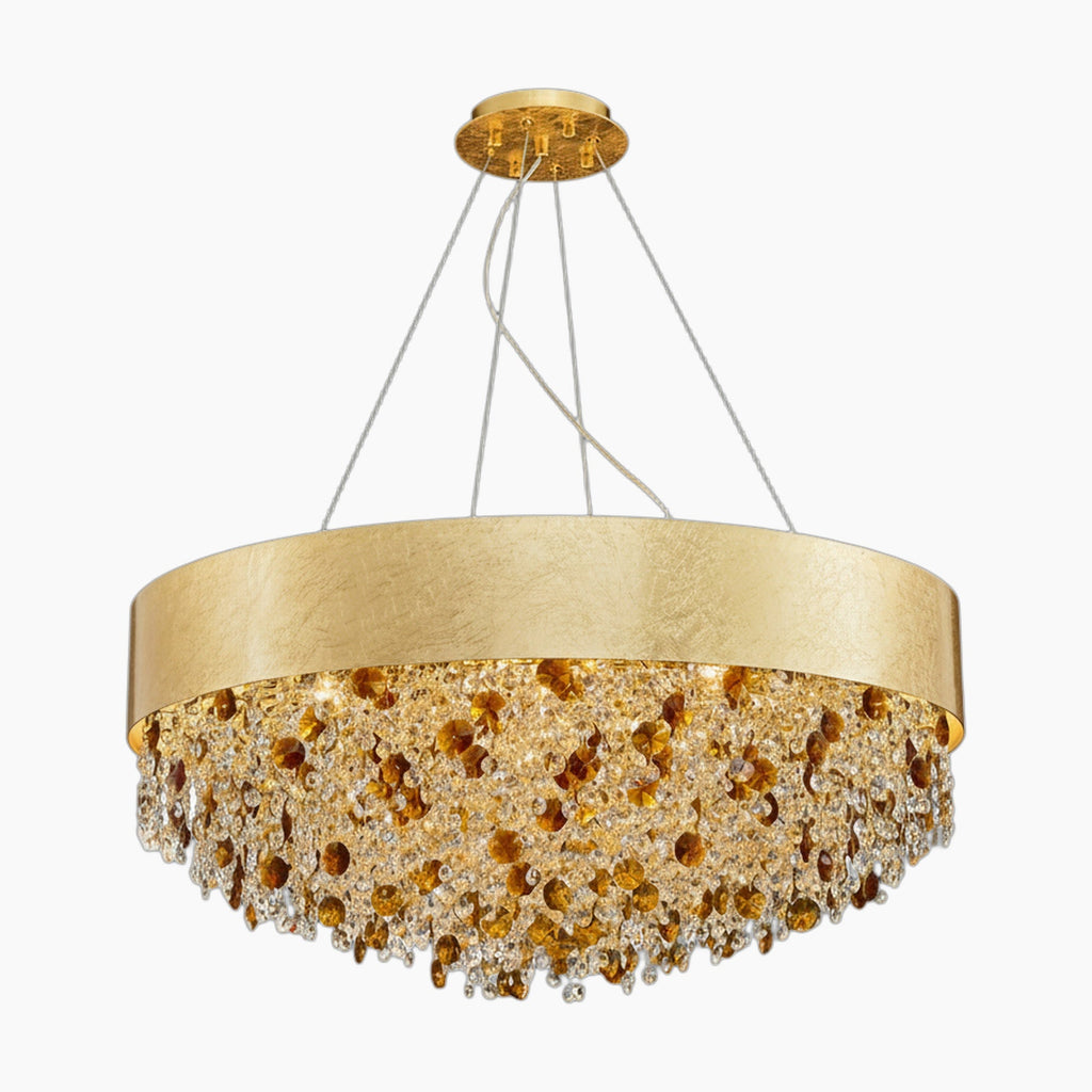 Round gold-finished chandelier with four wires, amber and clear crystal droplets, modern dimmable LED.