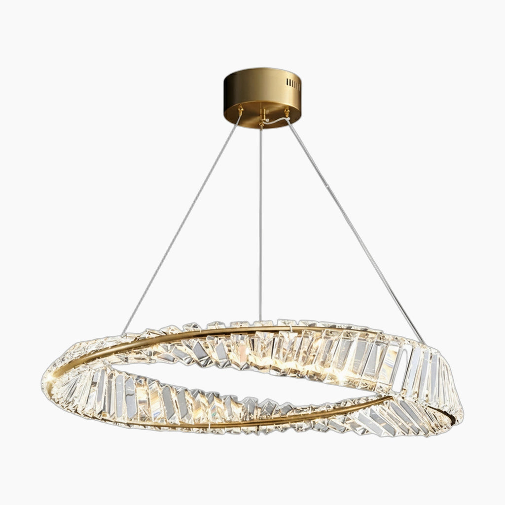 Gold crystal chandelier with oval twisted ring suspended by three wires from a round gold mount.