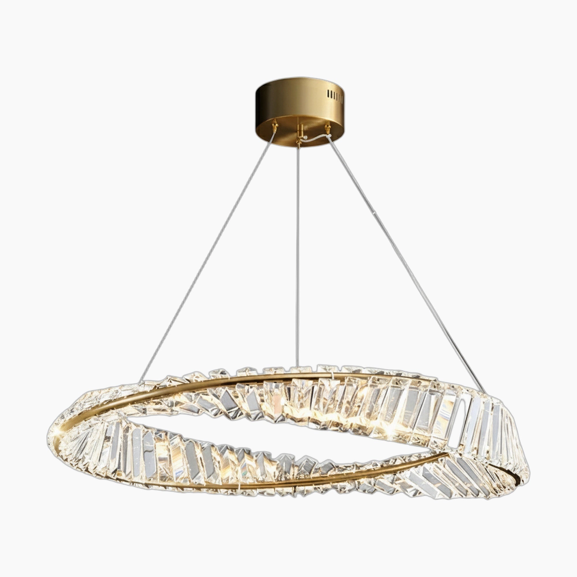 Gold crystal chandelier with oval twisted ring suspended by three wires from a round gold mount.