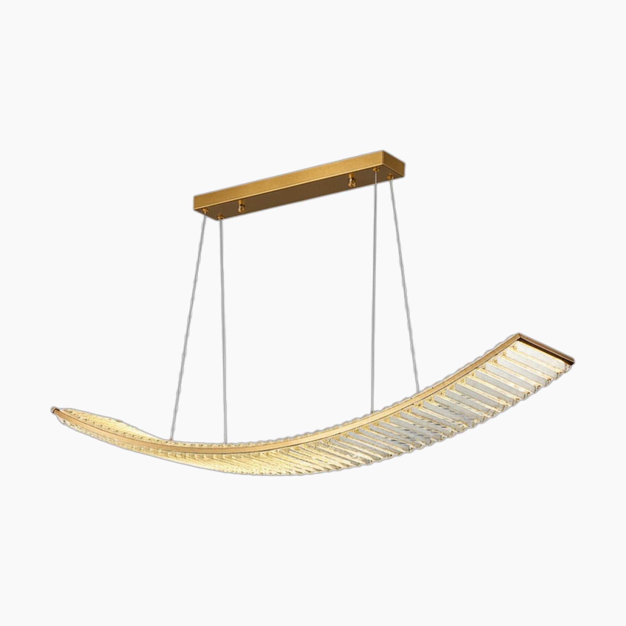 Curved gold and crystal chandelier with modern LED lighting, suspended by two slim wires.