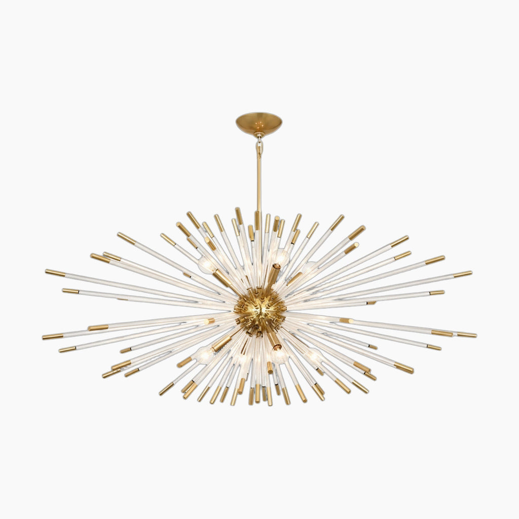 Maison Ornate Golden Crystal Dandelion chandelier with starburst design and radiating rods.