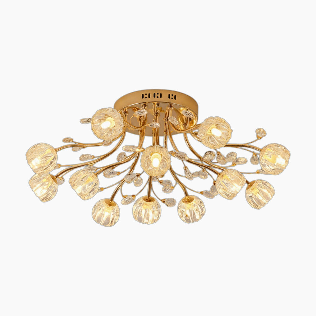 Modern gold crystal chandelier with LED lights, glass flower shades, elegantly floral-inspired design.