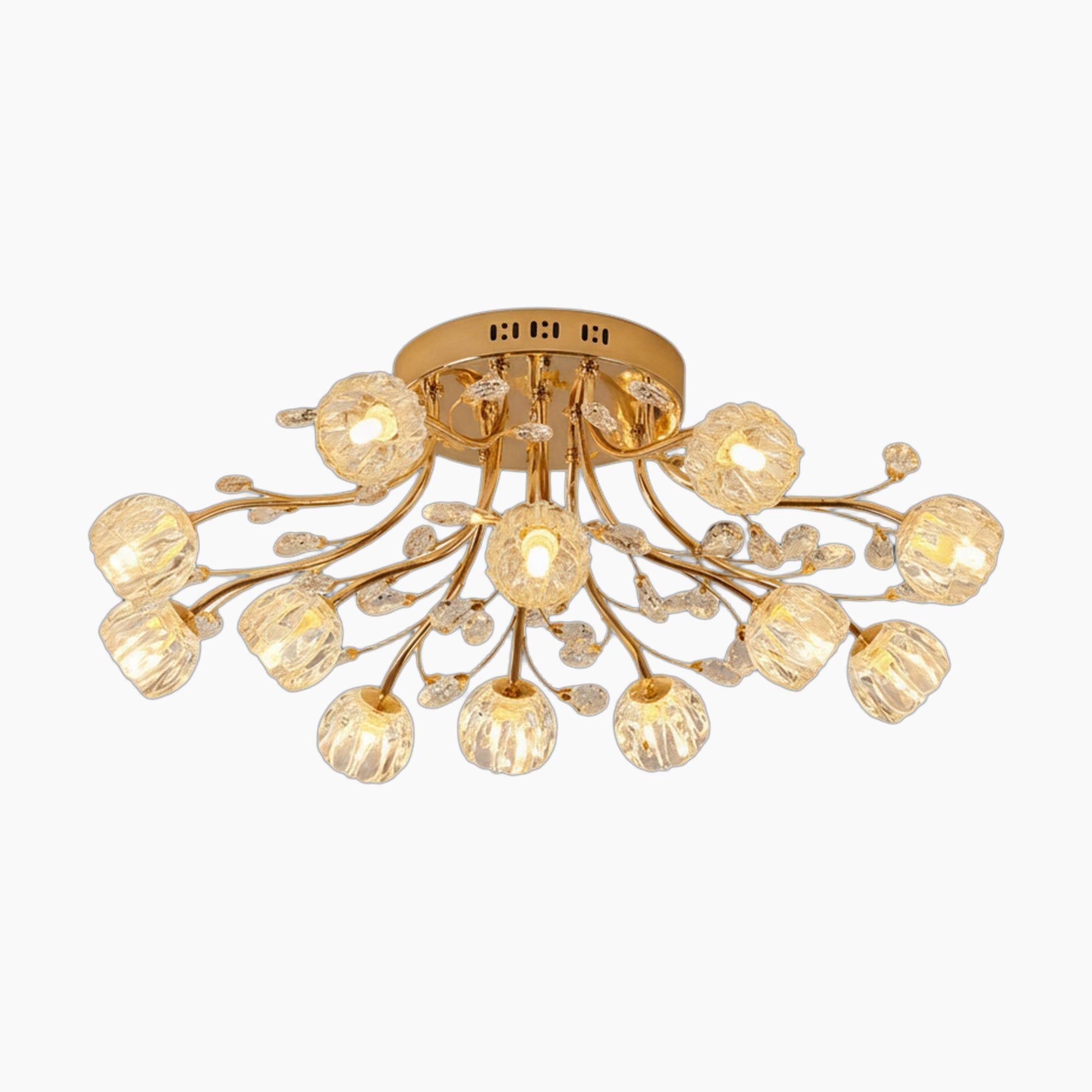 Modern gold crystal chandelier with LED lights, glass flower shades, elegantly floral-inspired design.