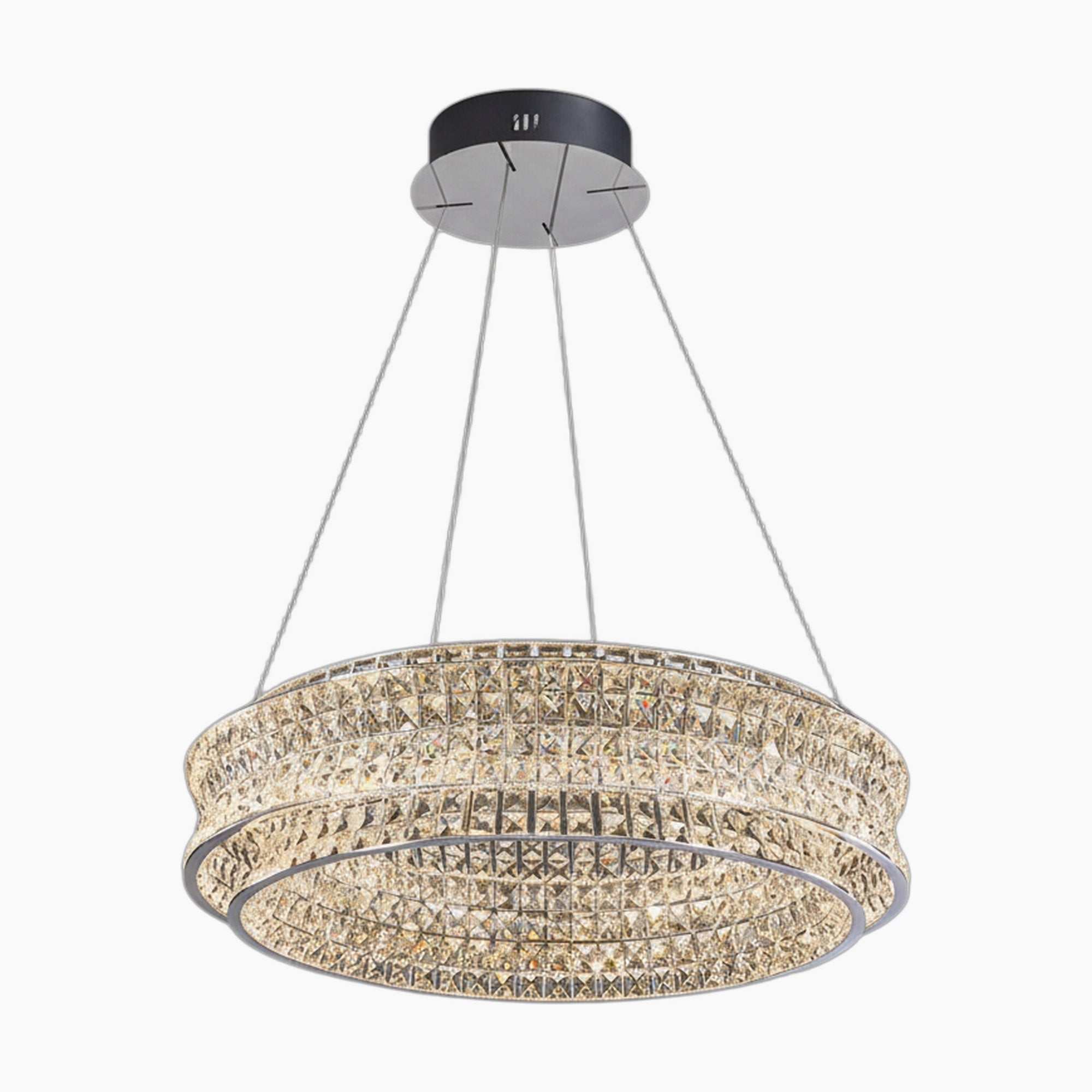Maison Ornate Crystal Ball Pendant: two stainless steel rings, thin wires, emits warm white light.