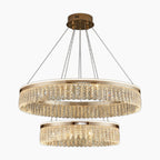 Modern crystal ball chandelier with circular luxury rings, crystal accents, and four slim hanging cables.