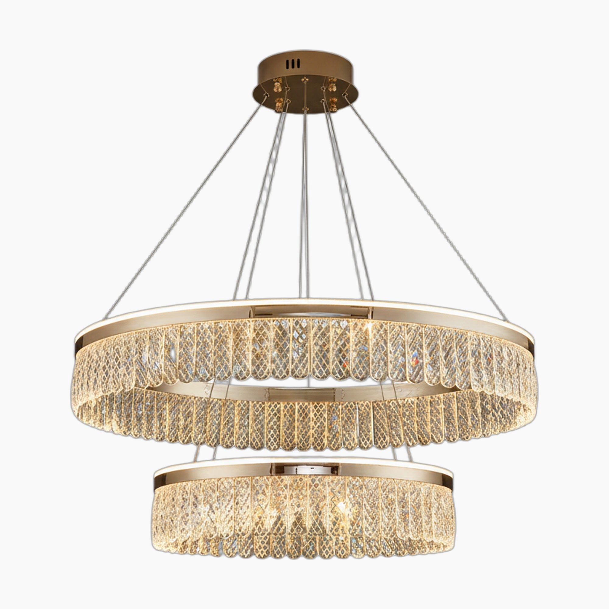 Modern crystal ball chandelier with circular luxury rings, crystal accents, and four slim hanging cables.