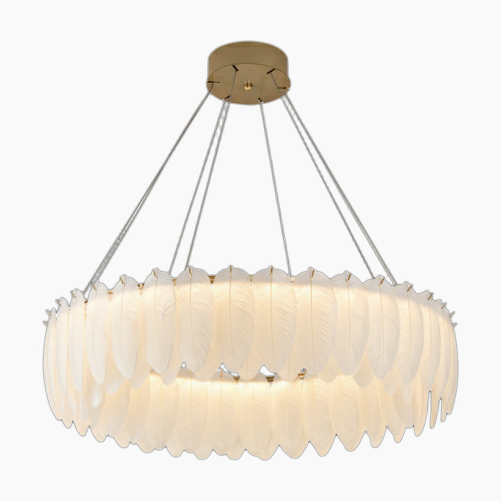 Maison Ornate Crystal Ball Chandelier with feathers and glass, suspended by six cables, emits elegant glow.