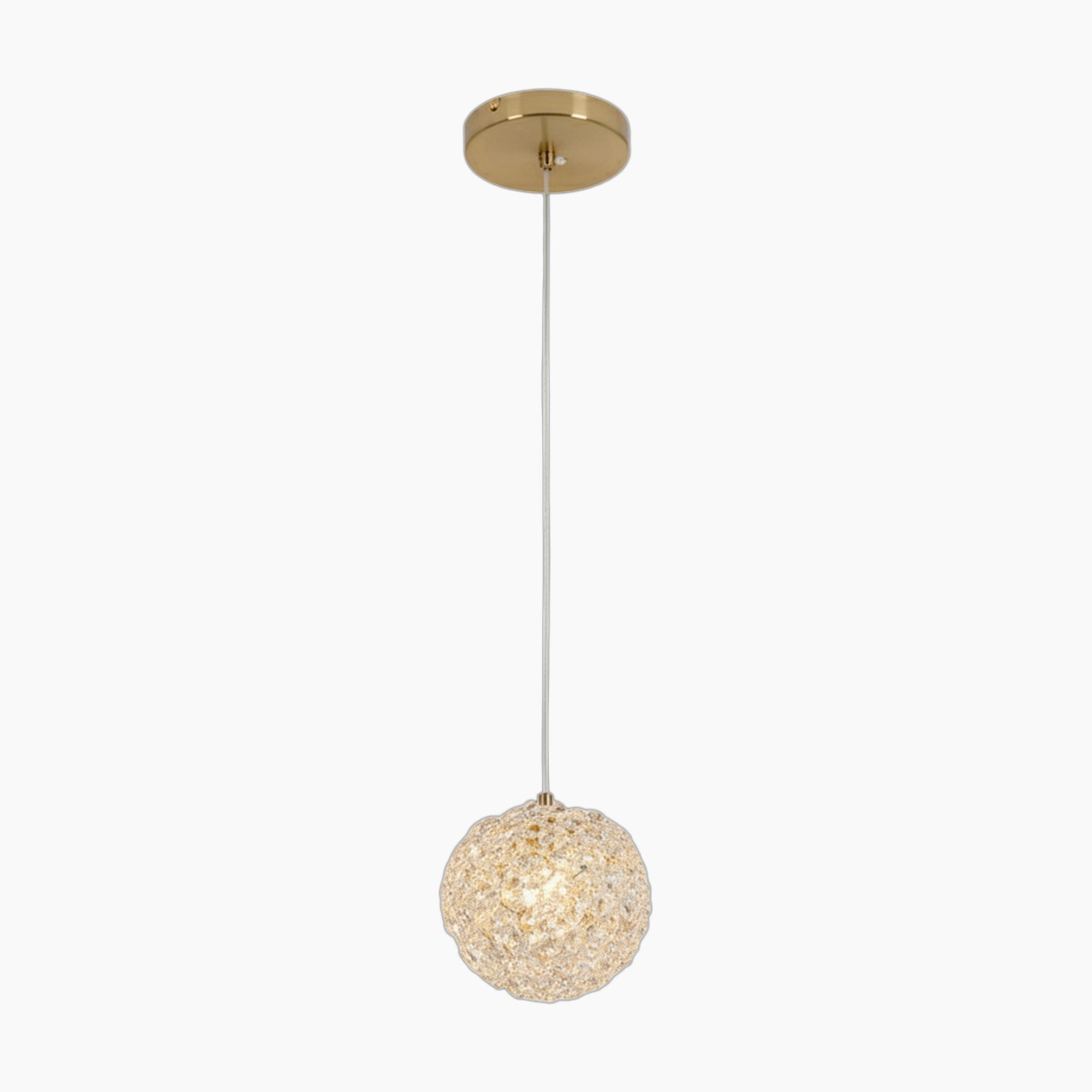 Modern crystal ball chandelier with textured round glass shade, white cord, gold ceiling mount.