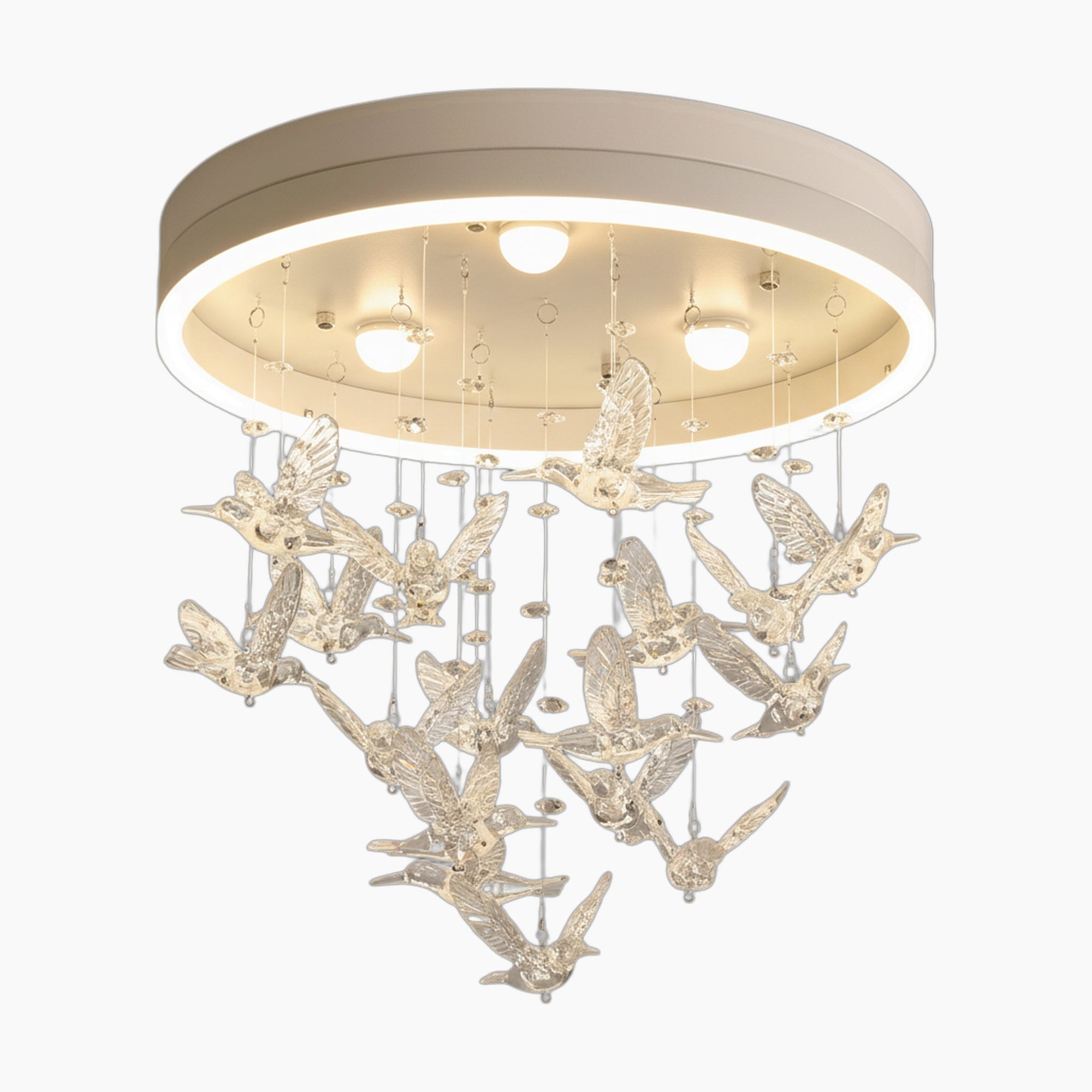 Suspended glass balls with exposed bulbs form an elegant, contemporary crystal ball chandelier design.