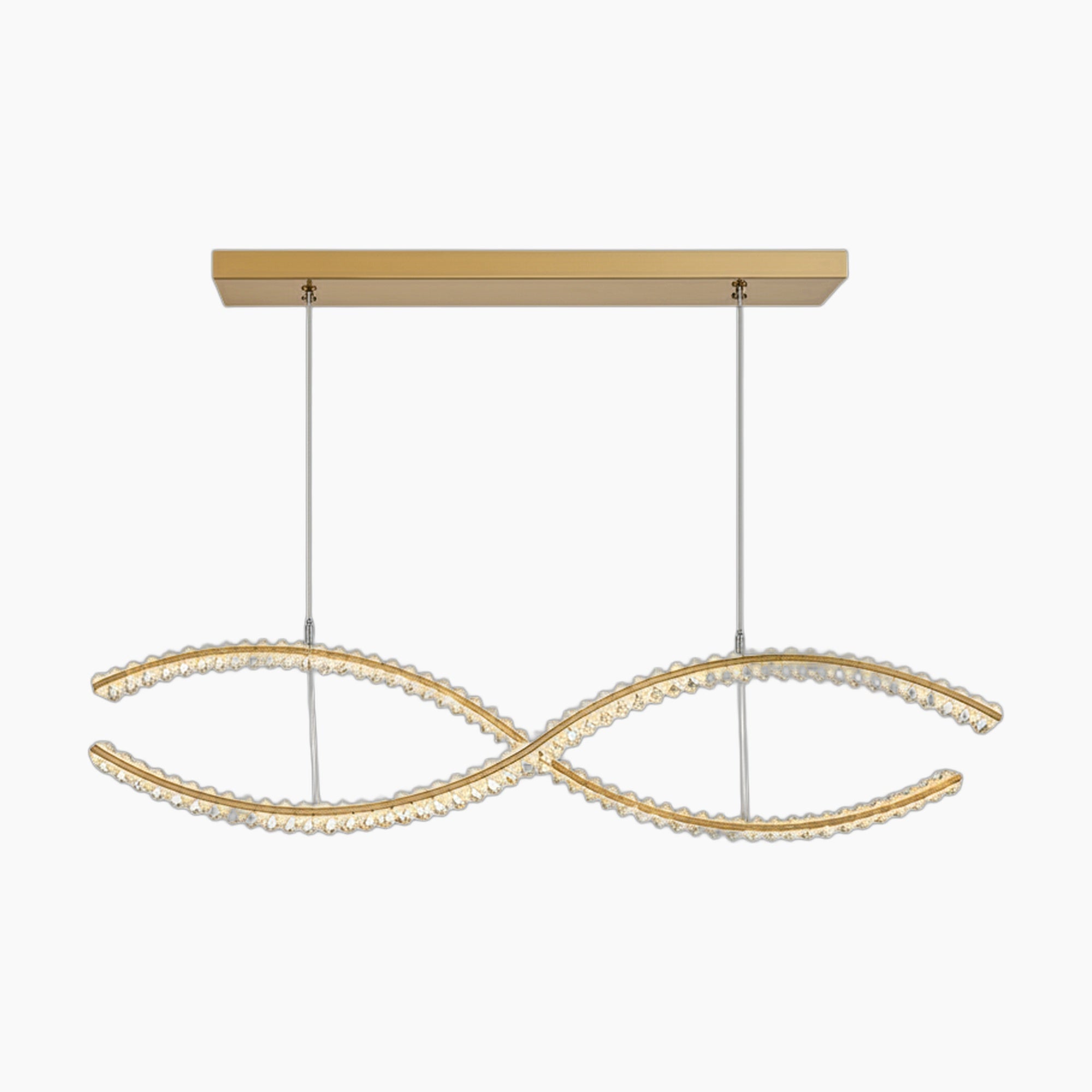 Minimalist chandelier with two wavy gold bars, crystal accents, and LED lighting for elegance.