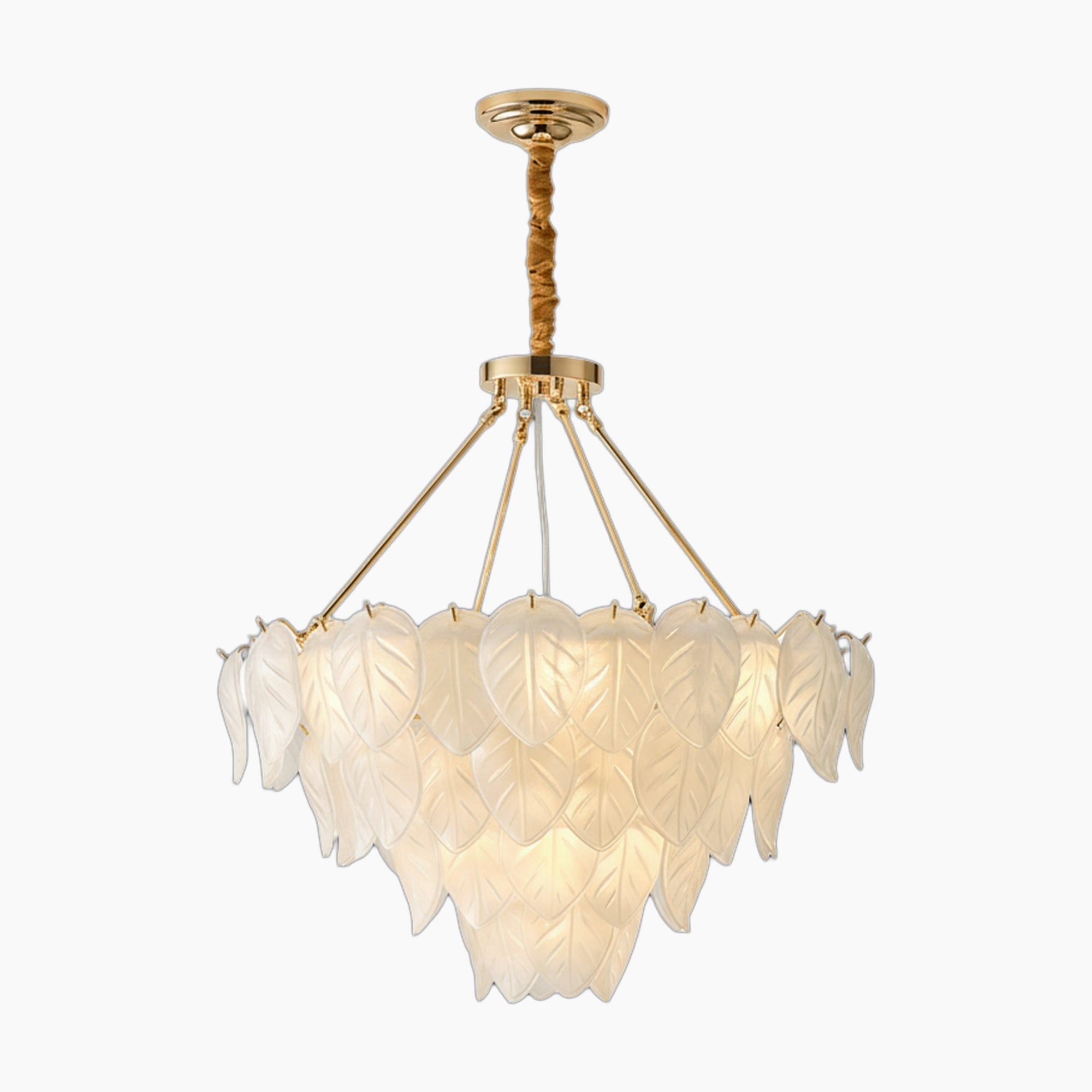 Tiered vintage gold chandelier with layered frosted glass leaves and cascading gold rods for elegance.