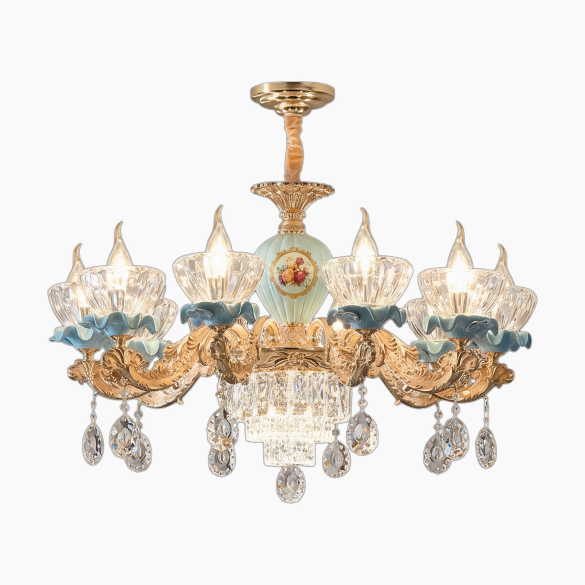 Lustre baroque en cristal avec structure métallique suspendue.