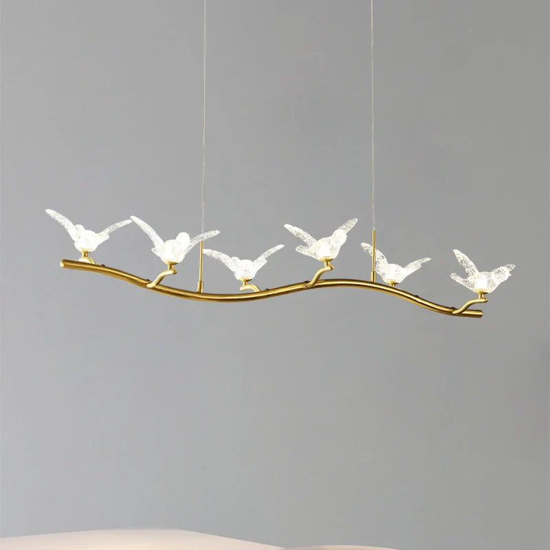 Maison Ornate Golden Crystal Chandelier with six bird-shaped LED lamps on gold wavy rod.