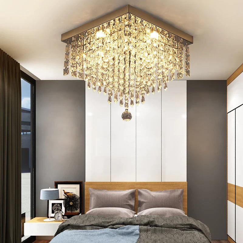 Maison Ornate Modern Square LED Crystal Hallway Chandelier with geometric design and sparkling crystals.