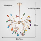 Flower-shaped modern crystal LED chandelier with gold sphere, branching arms, and vibrant crystal accents. 78cm wide.