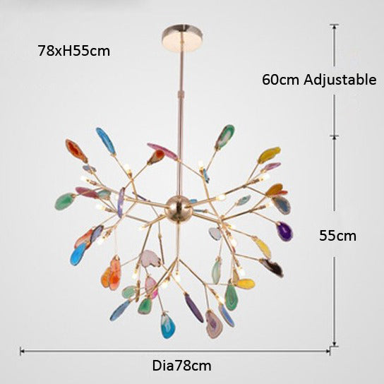 Flower-shaped modern crystal LED chandelier with gold sphere, branching arms, and vibrant crystal accents. 78cm wide.