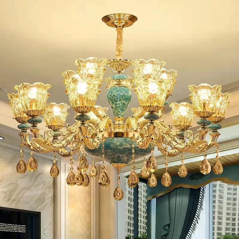 Baroque crystal and ceramic chandelier with twelve floral glass shades, turquoise accents, and crystals.
