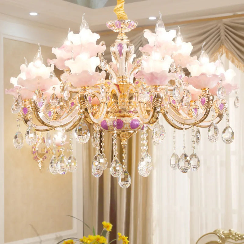 Maison Ornate Art Deco Crystal Chandelier with pink flower glass lamps and elegant crystal pendants.