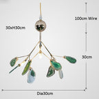 Art Deco chandelier with metallic sphere, seven green crystal arms, 30cm size, adjustable wire.