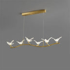 Maison Ornate Golden Crystal Chandelier with gold branch frame and six glass bird-shaped LED lamps.