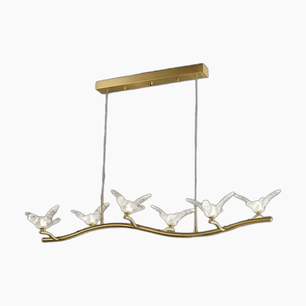 Golden crystal chandelier with six glass bird LED lamps on a curved metal branch.