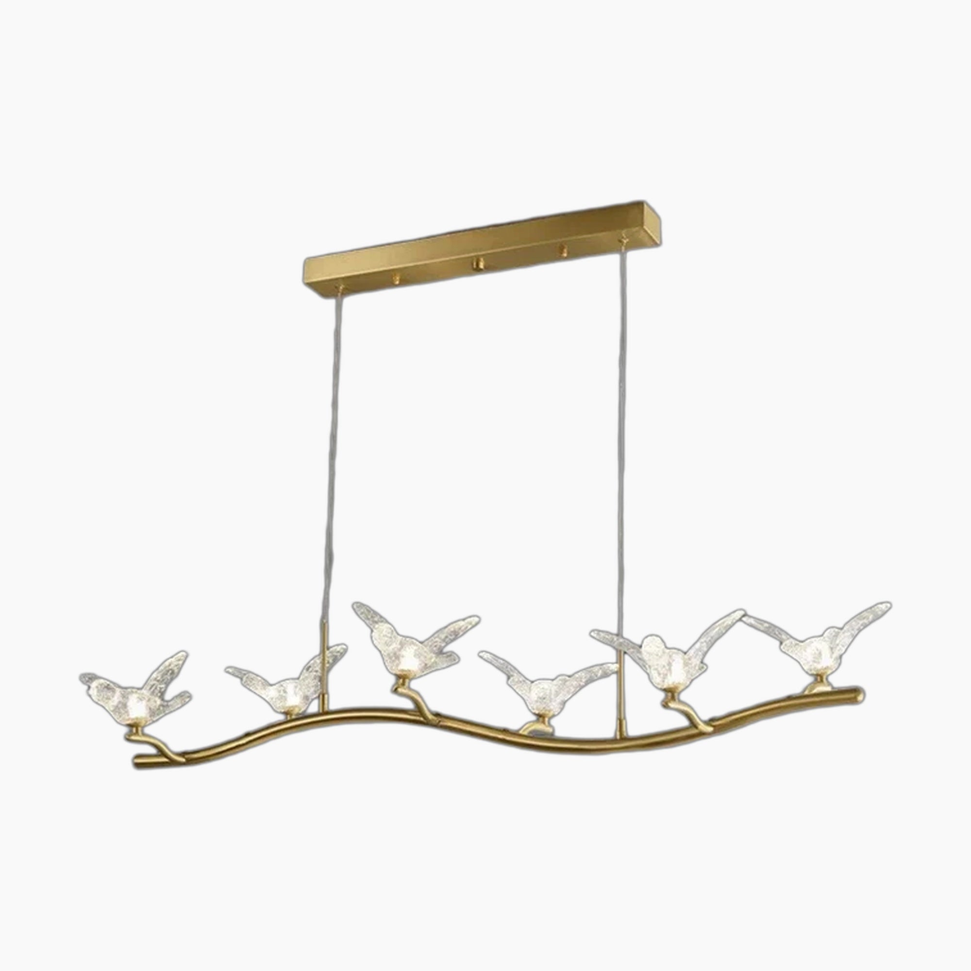 Golden crystal chandelier with six glass bird LED lamps on a curved metal branch.