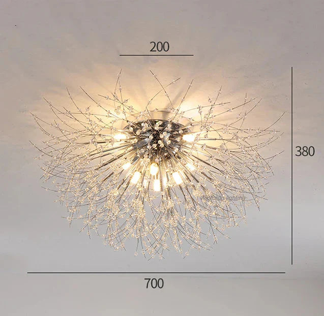 Elegant crystal branch LED chandelier with delicate metal arms and center bulbs, three sizes available.