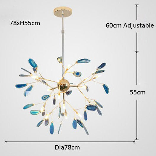 Gold-branch chandelier with blue glass leaves, small LED lights, adjustable rod, modern floral design.