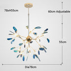 Gold-branch chandelier with blue glass leaves, small LED lights, adjustable rod, modern floral design.