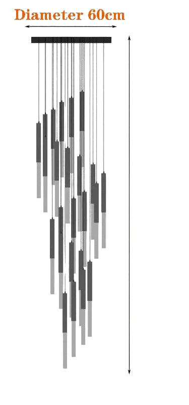 Black and white diagram of Nordic crystal chandelier, semi-flush mount with vertical rods, 60cm diameter.