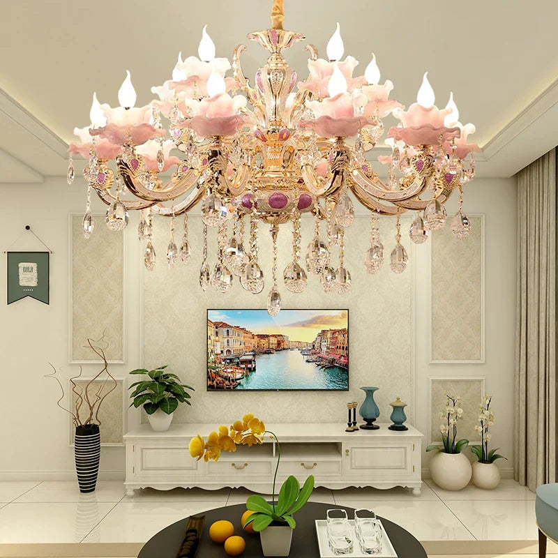 Maison Ornate Art Deco Crystal Chandelier with European design, elegant crystals, and intricate detailing.
