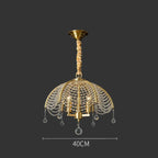 Nordic chandelier with dome-shaped crystal bead strands, dangling orbs, gold rod, 40 cm wide.