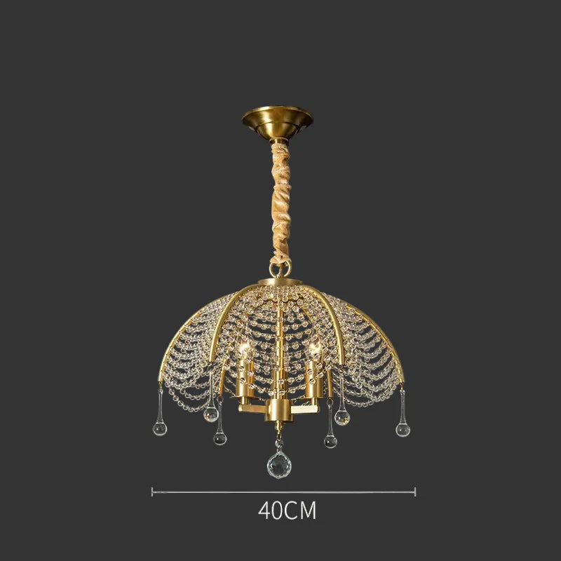 Nordic chandelier with dome-shaped crystal bead strands, dangling orbs, gold rod, 40 cm wide.