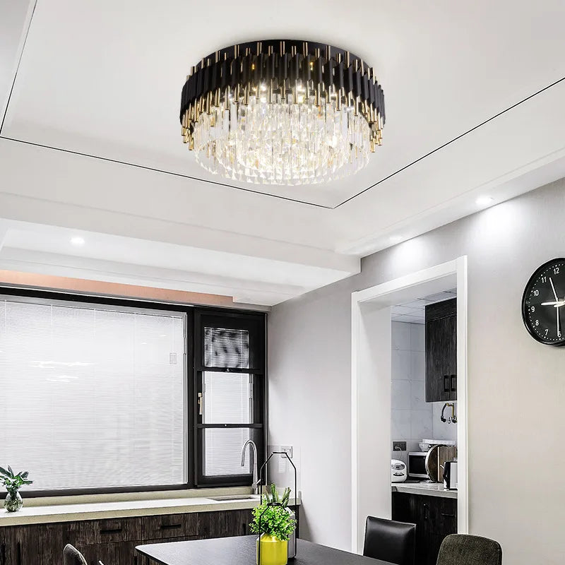 Maison Ornate’s Modern LED Crystal Gold Lustre Decorative Chandelier elegantly suspended from the ceiling.
