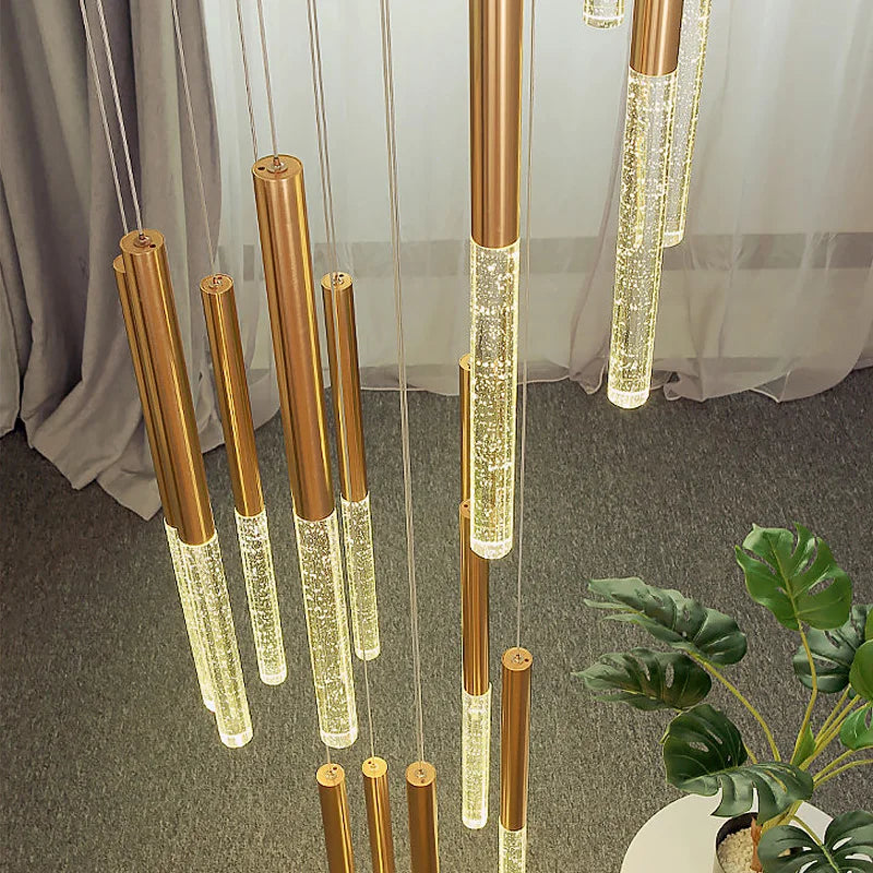 Luxury Nordic Crystal Chandelier by Maison Ornate with gold and clear cylinders at varied heights.