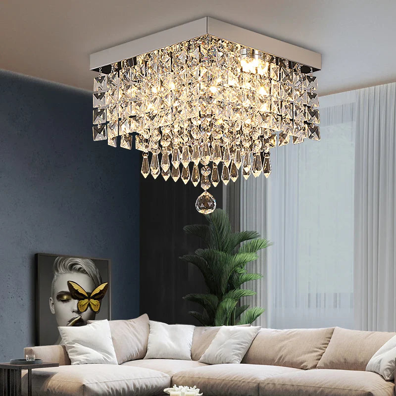 Maison Ornate Modern Square LED Crystal Hallway Chandelier with geometric design and sparkling crystal details.