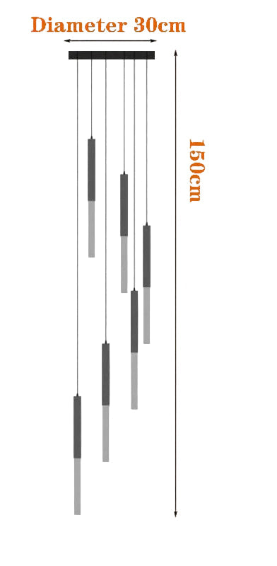 Black and white drawing of Maison Ornate Nordic chandelier, seven pendants, semi-flush mount, labeled dimensions.