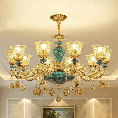 Baroque crystal and ceramic chandelier with gold, turquoise accents, eight flower shades, crystals, LED compatible.