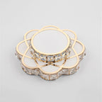 Round golden floral LED chandelier with mirrored design and crystal accents, elegant and ornate.