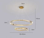 Modern crystal chandelier with two spiral oval rings, 80cm and 60cm wide, elegant and contemporary.
