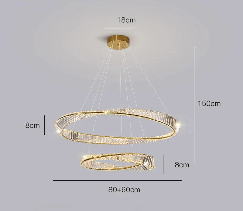 Modern crystal chandelier with two spiral oval rings, 80cm and 60cm wide, elegant and contemporary.